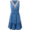 Summer Women Casual Sleeveless V-Neck Lace A-Line High Waist Above Knee Short Belt Solid Color Dress Spring Dress Sizes S-XL