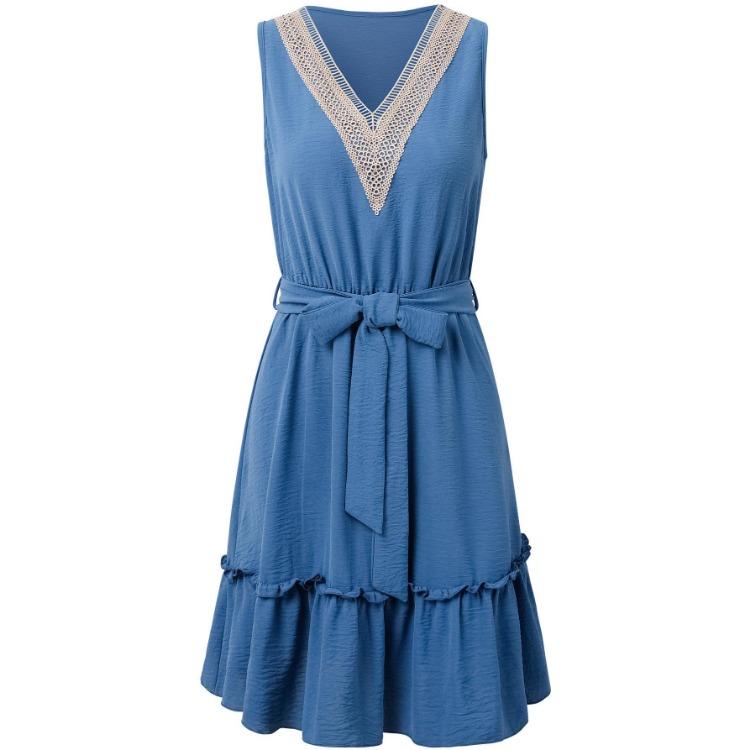 Sommer Freizeit Damen Kleid Ärmellos V-Ausschnitt Spitze A-Linie Hohe Taille Über Knie Kurz Gürtel Einfarbig Frühlingskleid S-XL