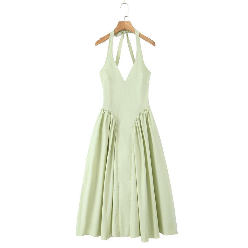 New Deep V-Neck Halter Pleated Waist-Cinching Slim Dress