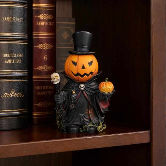 Skull Scepter Pumpkin Ornament with Cloak, Exquisite Resin Pumpkin Head Decorations, Pumpkin Gentleman Holding Small Pumpkin & Scepter Figurine for