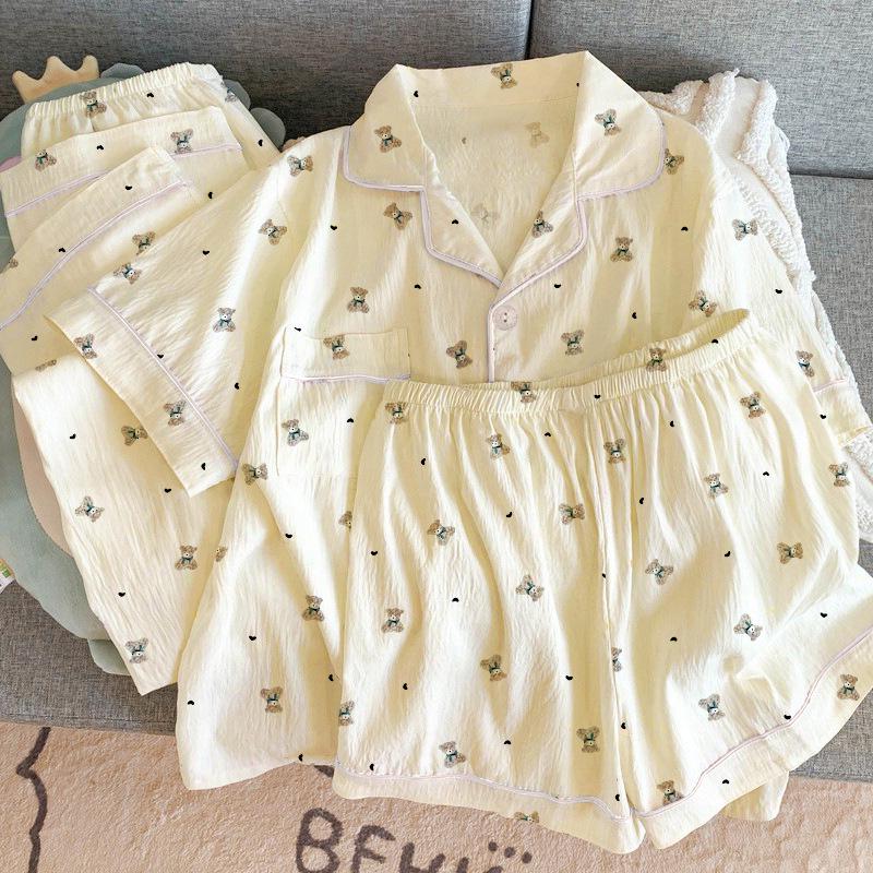 Set Pigiama Coreano Orsetto Stropicciato: Completo estivo a tre pezzi a maniche corte per donna