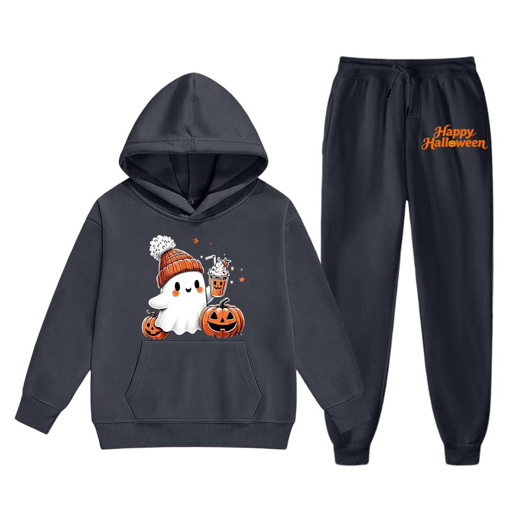 Kids Halloween Hoodie and Sweatpants Set Ghost Pumpkin Print Long Sleeve Pullover Top and Elastic Waist Bottoms Casual Outfit for Children