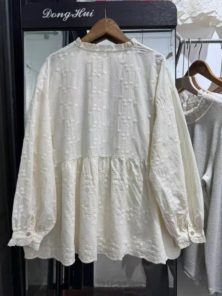 Heavy Embroidery Doll Shirt with Sweet Lace Collar – Women's Autumn Japanese Mori Girl Style Long-Sleeved Pullover.