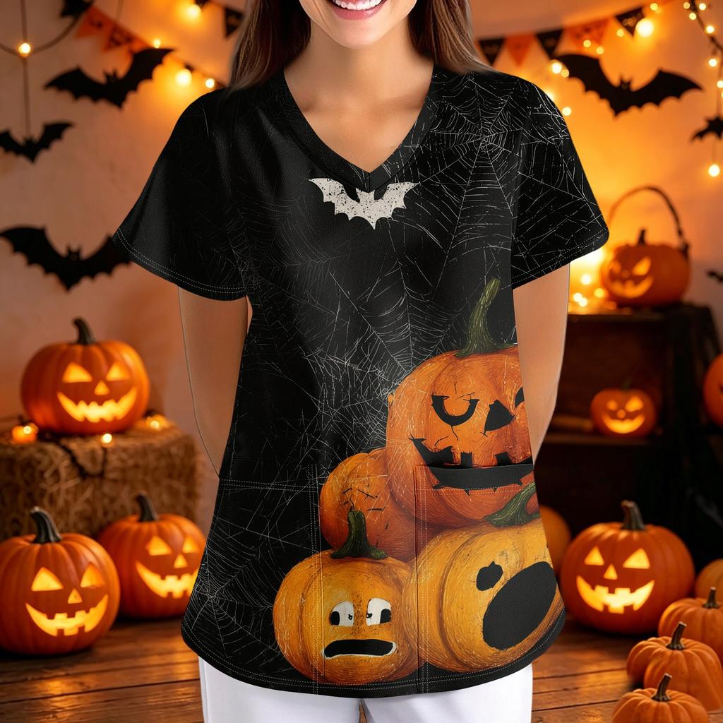 Women Halloween Print Loose Fit V Neck Short Sleeve Scrub Top Nurse Uniform with Pockets Suitable for Healthcare Professionals
