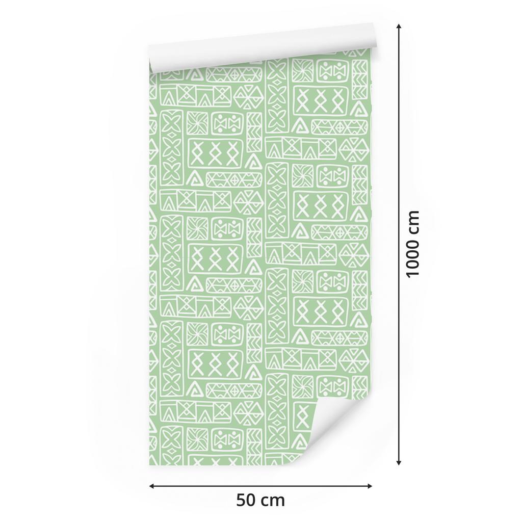 Polynesian Geometric Pattern Wallpaper Mint, White and Light Gray 50x1000