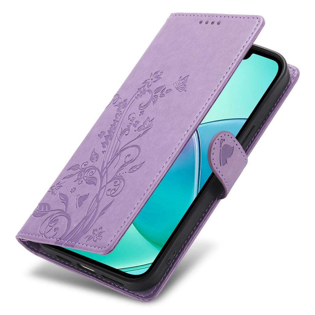 For iPhone 16e Wallet Case Butterfly Floral Imprint PU Leather Phone Cover with Wrist Strap