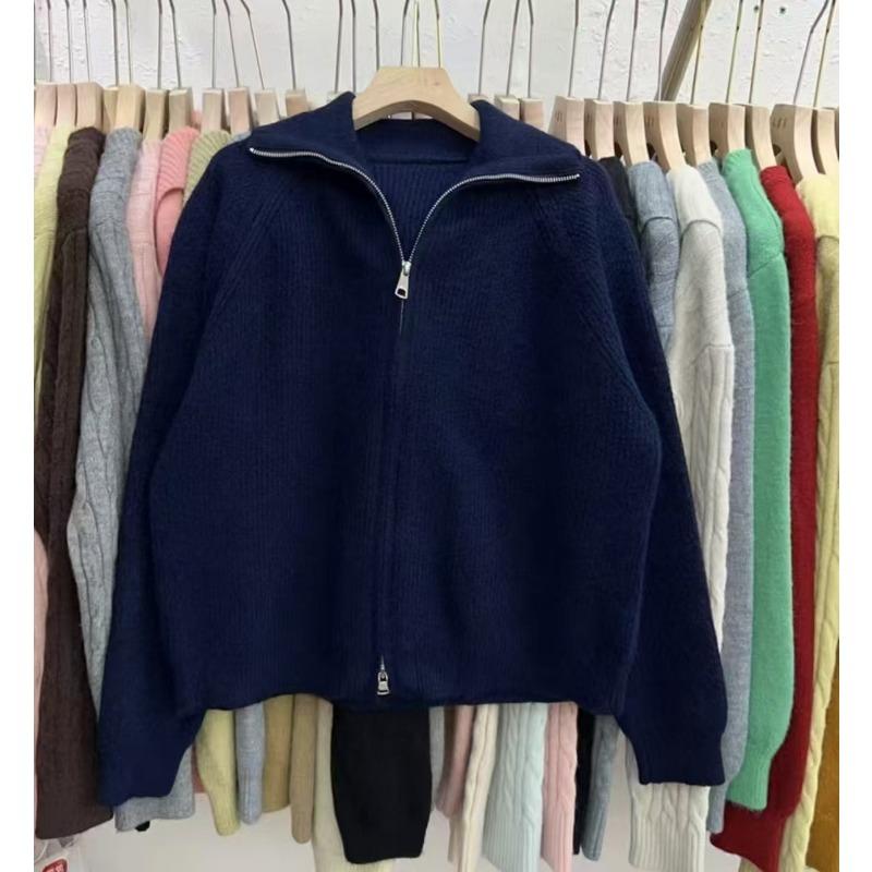 Retro zipper knitted cardigan women's autumn and winter new loose casual lazy wind lapel sweater jacket