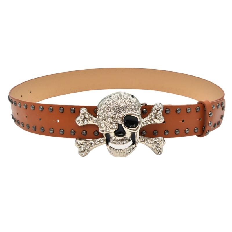 Punk Totenkopf Strass Nietenbesetzter Gürtel Für Männer Frauen Gothic Modeaccessoire mit Verstellbaren Schnallen