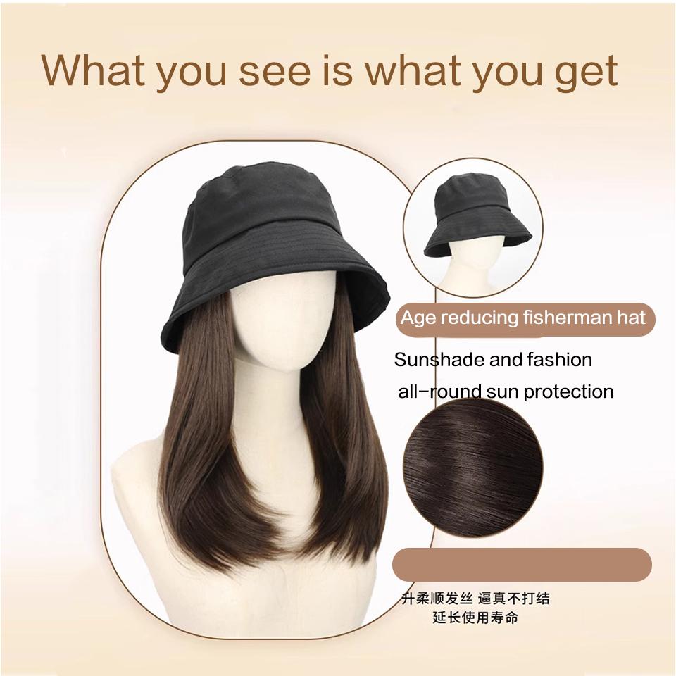 Black Fisherman's Hat Wig Hair Extensions Hat Wigs Synthetic Long Straight Clavicle Hair Warm Autumn Winter Cap Wig