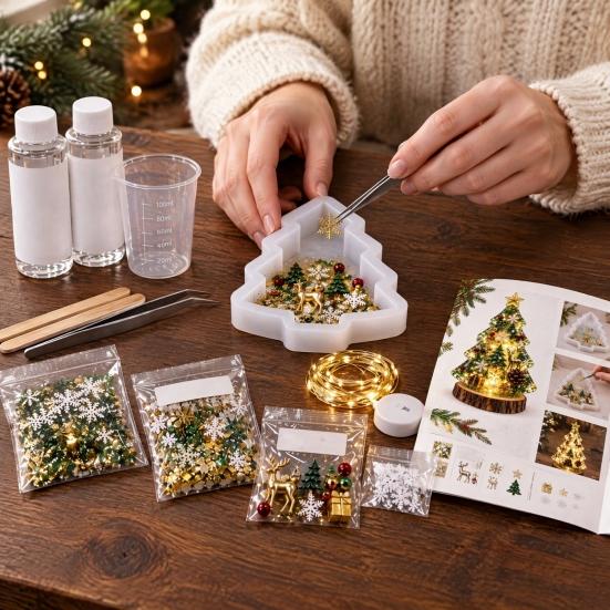 Resin Christmas Tree Kit DIY Night Light Kit, Holiday Craft Set with Making Silicone Mold, LED Light, Decorations & Tools, Gift for Crafters Project