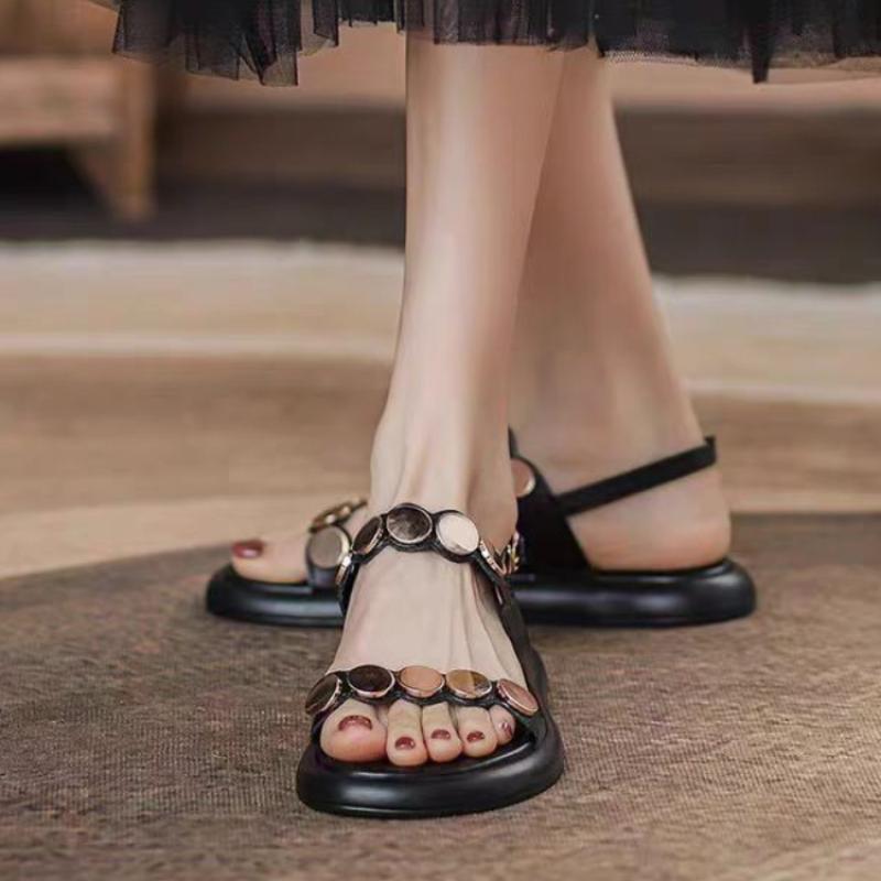 Footwear One Word Open Toe Apricot Beach Outdoor Platform No Heel Summer 2024 Flat Rubber Sandals for Women Ladies Shoes Vip X