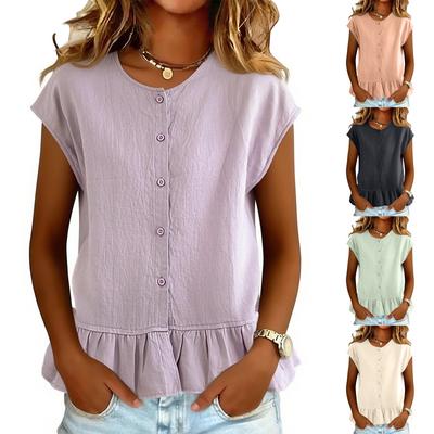 Women Short Sleeve Ruffle Hem Peplum Tops Crewneck Button Down Shirts Casual Fashion Blouse