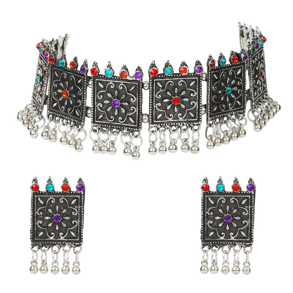 Shining Diva Fashion Latest Stylish Fancy Oxidised Silver Tribal Choker Necklace Jewellery Set for Women , Multicolour