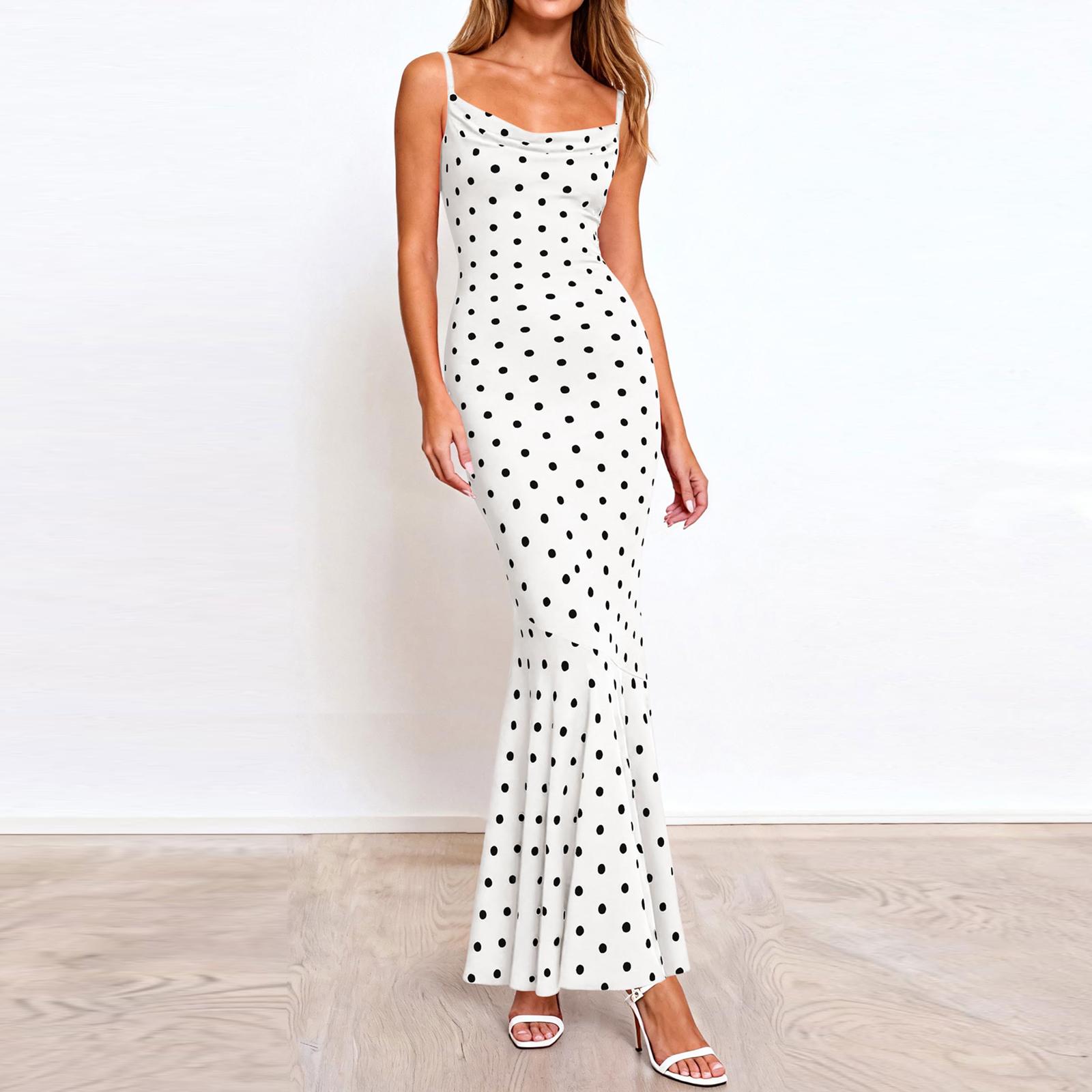

Women s Elegant And Stylish Polka Dot Fitted Fishtail Sleeveless Long Dress XL білий