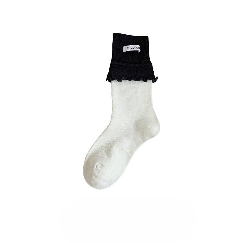 Women's Double-slit Lace Mid-calf Socks, Color-blocked Fabric Label Pile Socks, Four-season Casual Combed Cotton Simple and Trendy Socks