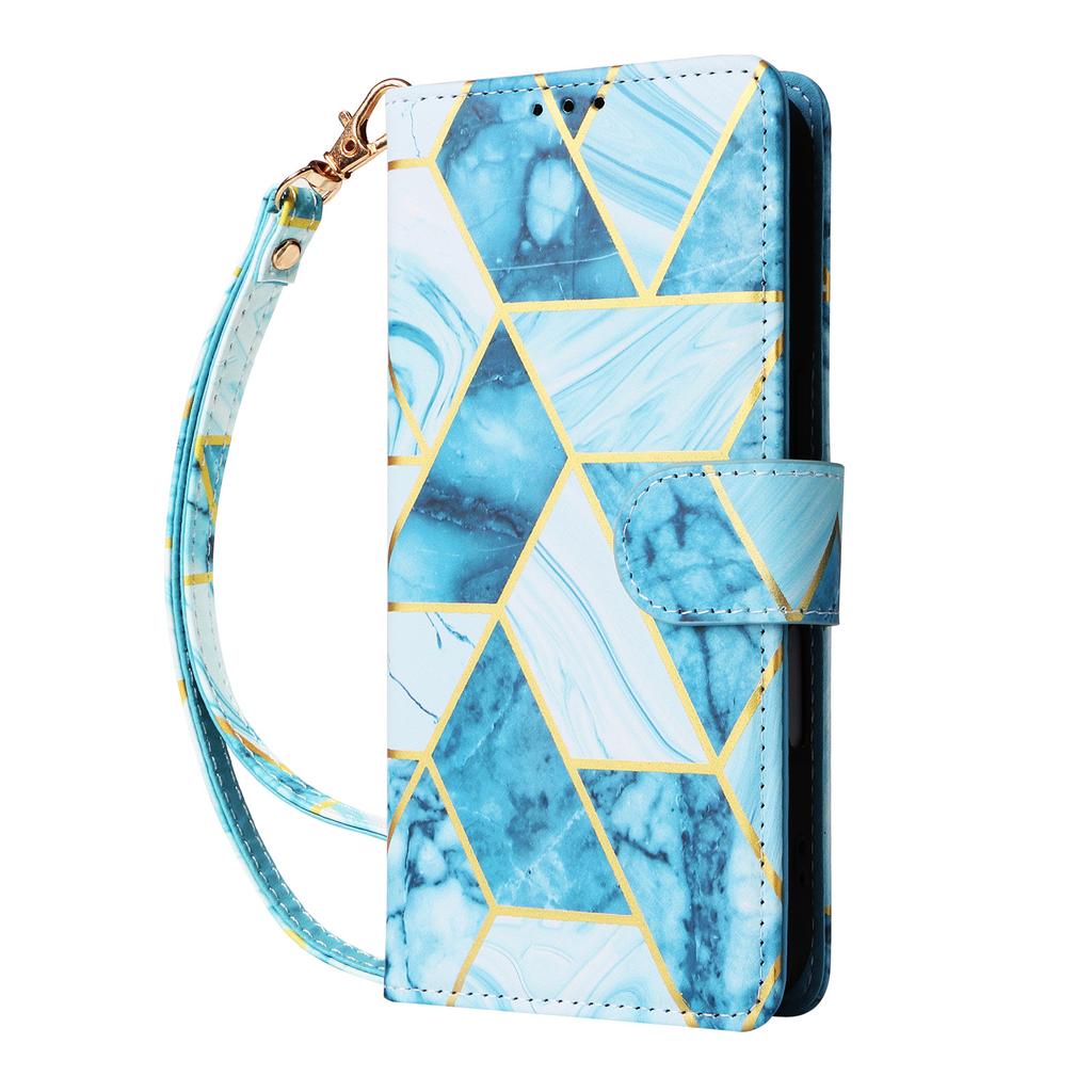 Applicable to iPhone16E mobile phone leather case 17Pro bronzing splicing marble card wallet holder portable rope
