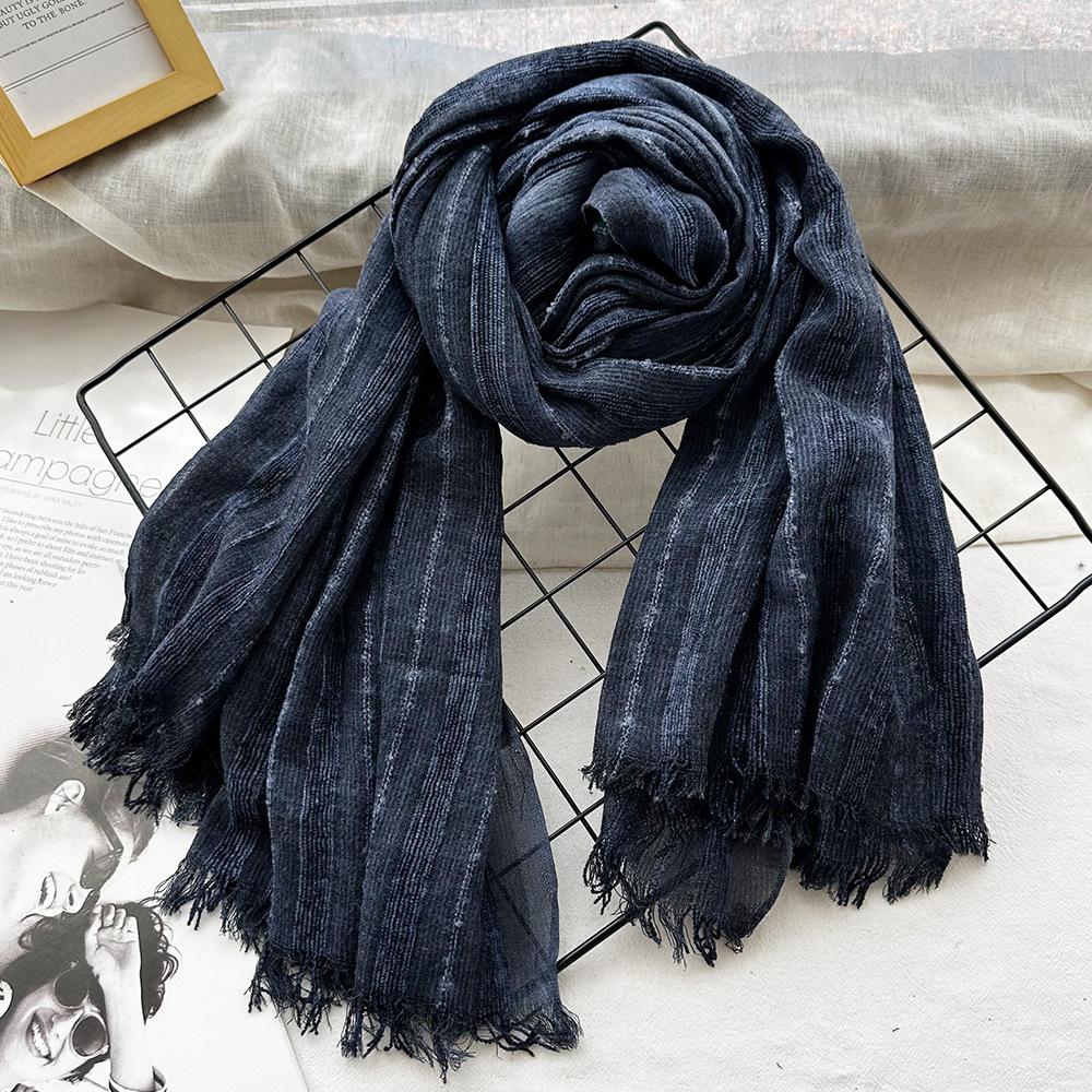 Autumn and winter new solid color blended polyester and cotton scarf women's retro dirty dyed striped shawl versatile scarf men