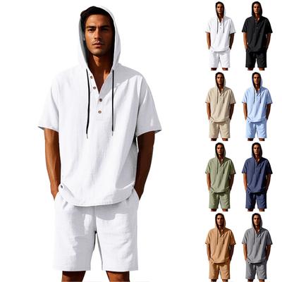 Σετ ανδρικού χαλαρού, casual πουκάμισου με κουκούλα και κοντομάνικο σορτς θαλάσσης