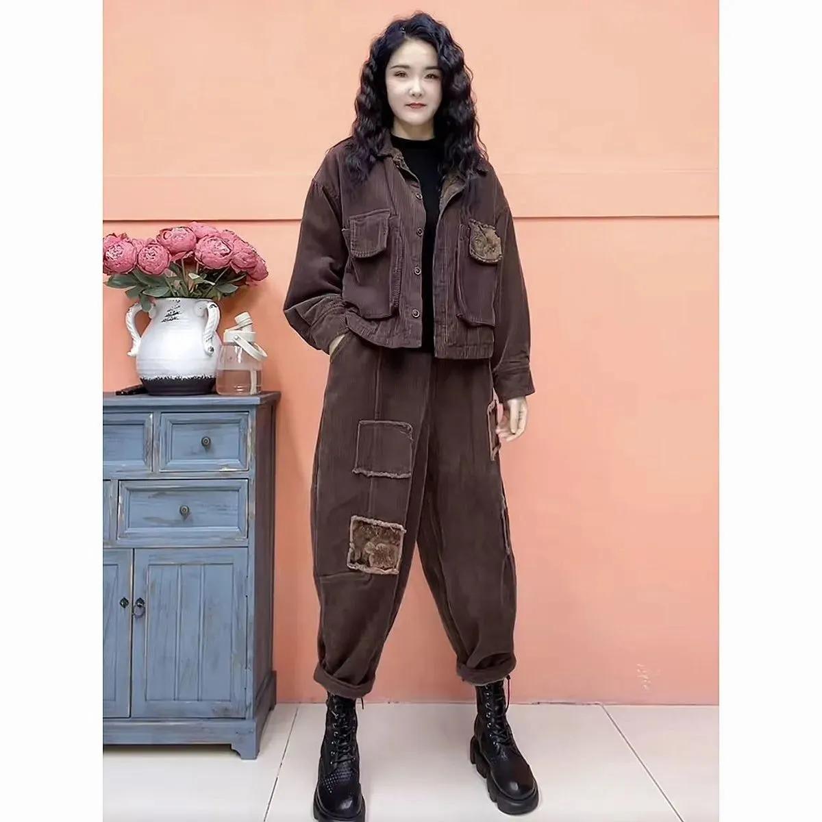 

Женский зимний вельветовый комплект из 2 предметов с добавлением бархата, плюшевый утолщенный теплый повседневный пиджак + одежда для снега, брюки гаремы, наряды 3XL