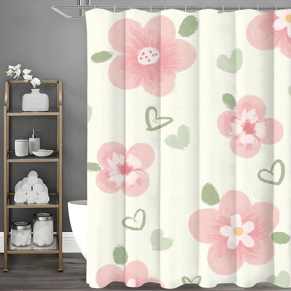 Pink Flower Shower Curtain, Bathroom Decorative Shower Curtain, Waterproof Shower Curtain with Hooks 180x180cm