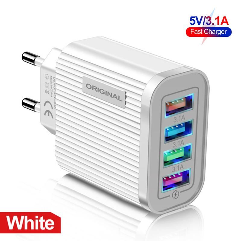 Phone Charger 4 Port USB Fast Mobile Phone Charger Adapter 5V 3A for iPhone Samsung Huawei Xiaomi Quick Charging Power Source