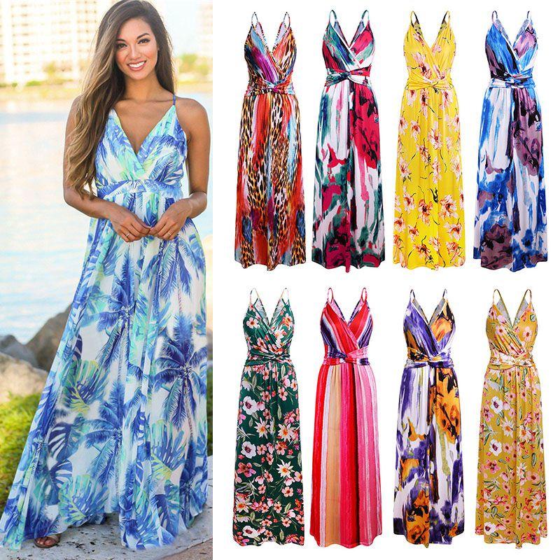 Elegant Women's Boho Long Maxi Dress With Floral Prints For Summer Parties And Beach Events