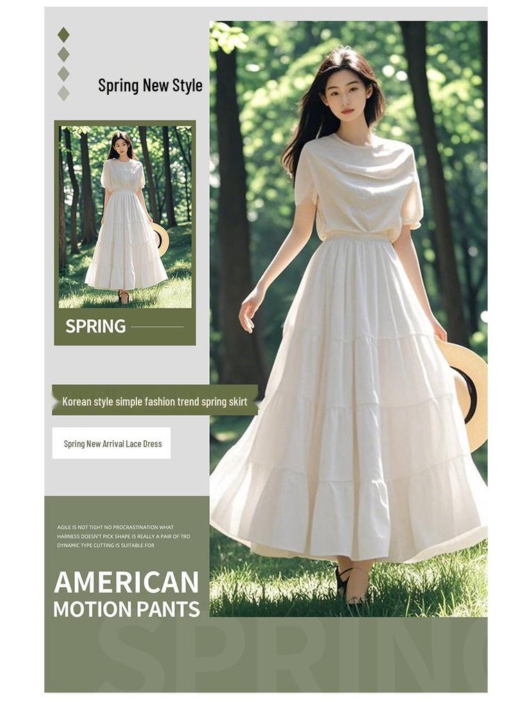 White Pleated A-line High Waist Long Skirt for Women, Spring 2026 Collection