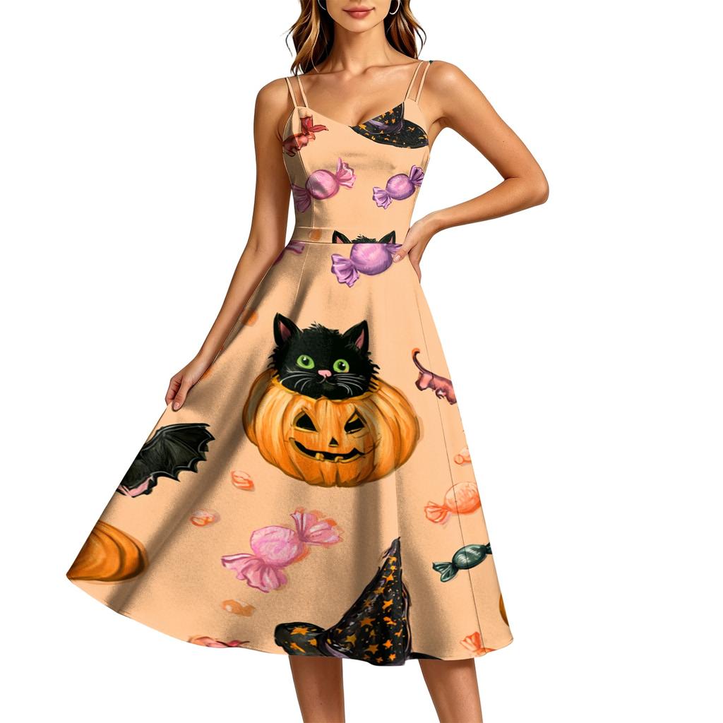 Women's Casual Sleeveless Halloween Print Dress for Holiday Parties and Everyday Wear