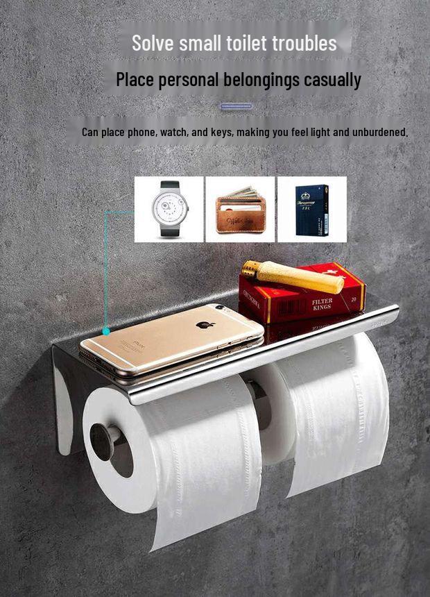 Multi-Functional Punch-Free Double Roll Stainless Steel Toilet Paper Holder