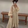 Womens 2026 Loose Fit V-Neck Lantern Sleeve Maxi Dress With Ruffle Hem - Solid Color Casual Style