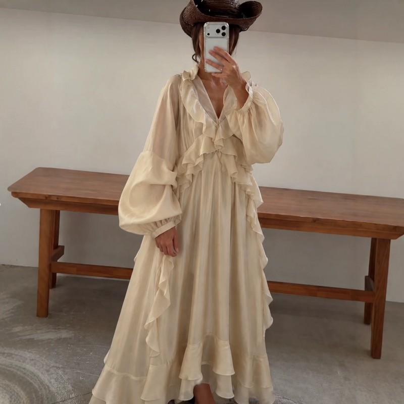 Womens 2026 Loose Fit V-Neck Lantern Sleeve Maxi Dress With Ruffle Hem - Solid Color Casual Style