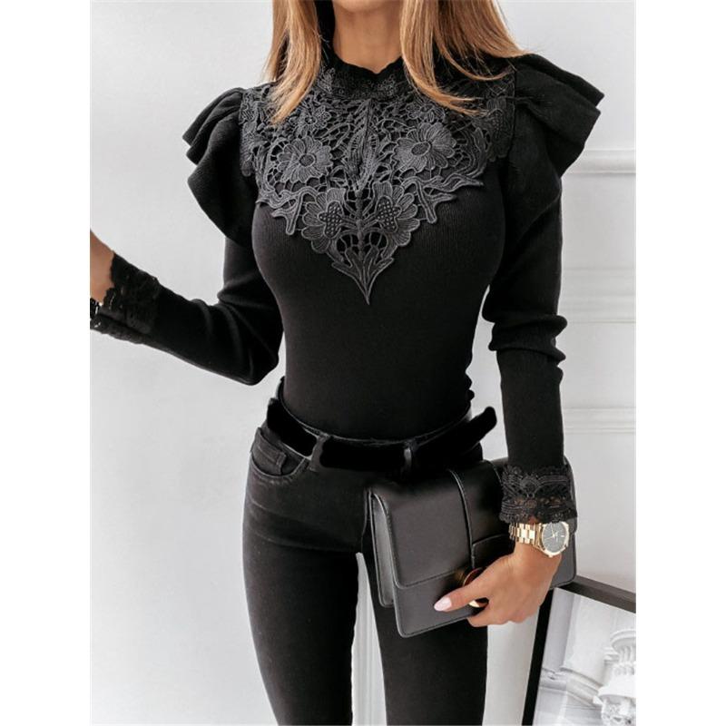 Women's New Autumn and Winter Long-sleeved Round Neck Lace Decoration Solid Colour Bottoming Shirt