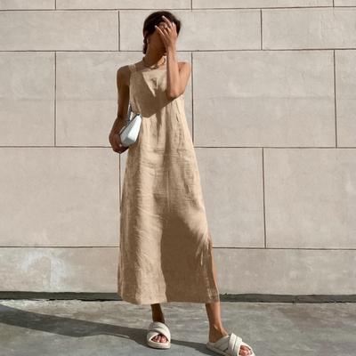 LYRIA Cotton Linen Female Dress Sexy Spaghetti Strap Long Dresses for Women Loose Straight Vestidos
