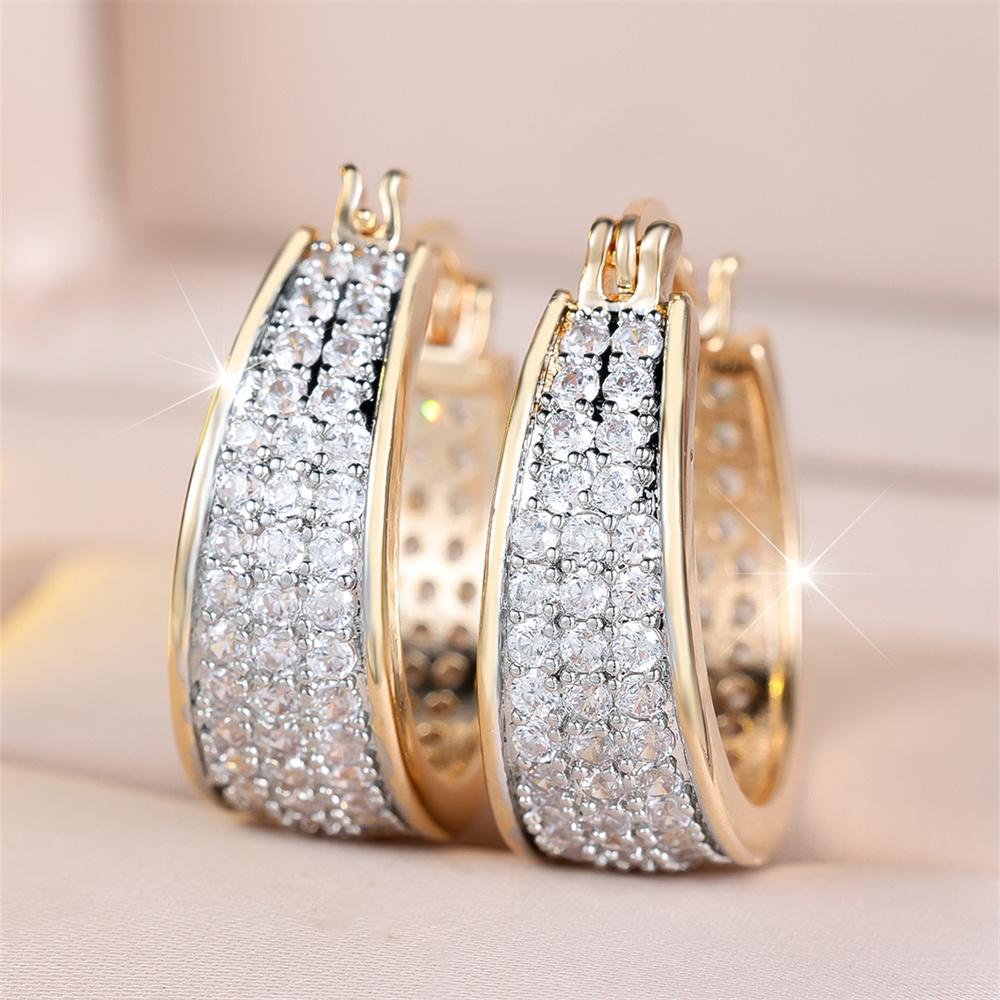 White Zircon Luxury Crystal Full Stone Hoop Earrings For Women Vintage Gold Color Ear Buckle Wedding Jewelry Engagement Gifts