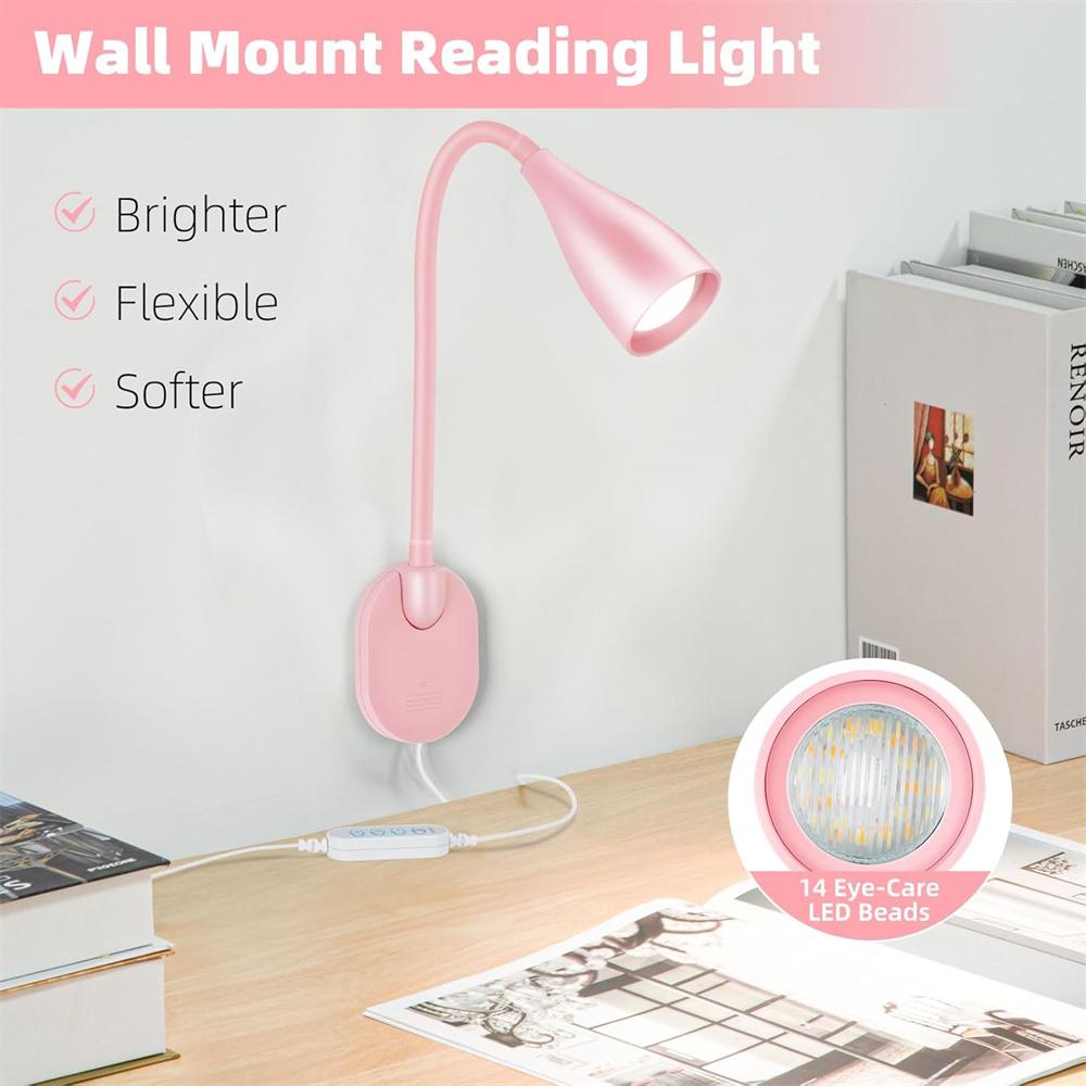 LED Flexible Gooseneck Wall-Mounted Reading Lamp, Dimmable & 3 Color Temperature Book Light for Desk or Bedside, Study Light