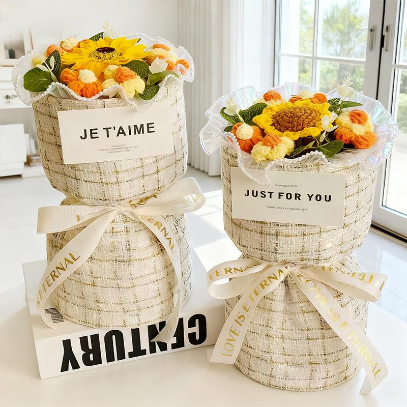 Sunflower Yarn Valentine's Day Soap Flower Bouquet - Graduation & Teacher's Day Gift, French Style Handheld Bouquet