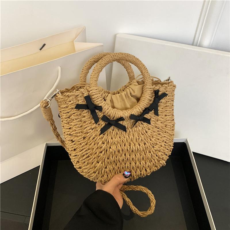 Straw Woven Bag Small Fragrant Style Sling Shoulder Crossbody Bag Hand-held Women's Bag Bow Design Beach Bag KTY