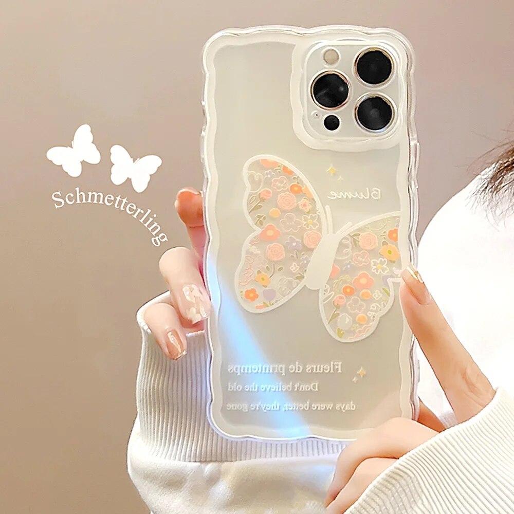 Cute Lovely Butterfly Wavy Case For iPhone 15 14 13 12 11 Pro Max Mini X XR XS 8 7 Plus SE 3 Soft Shockproof Bumper Clear Cover