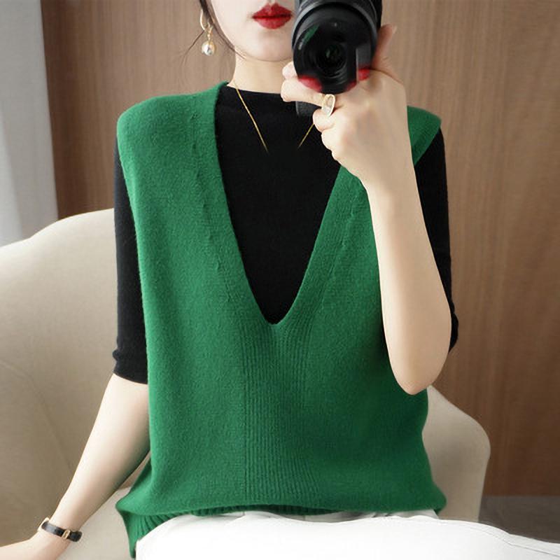Spring Summer Knitted Vest Women's V Neck Sleeveless Pullover Fashion Loose Thin Wear Autumn Winter