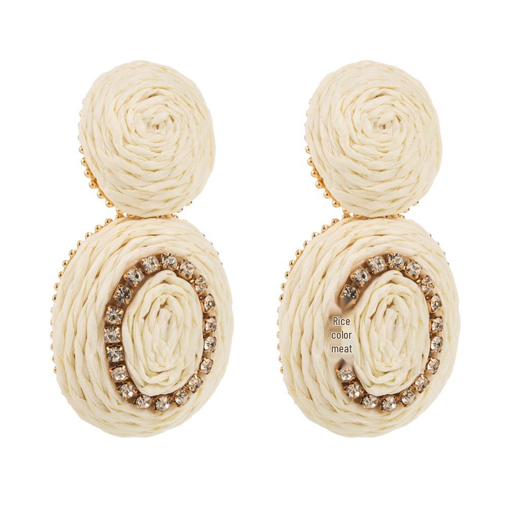 Bohemian Handcrafted Geometric Raffia Earrings with Colorful Inlaid Diamonds