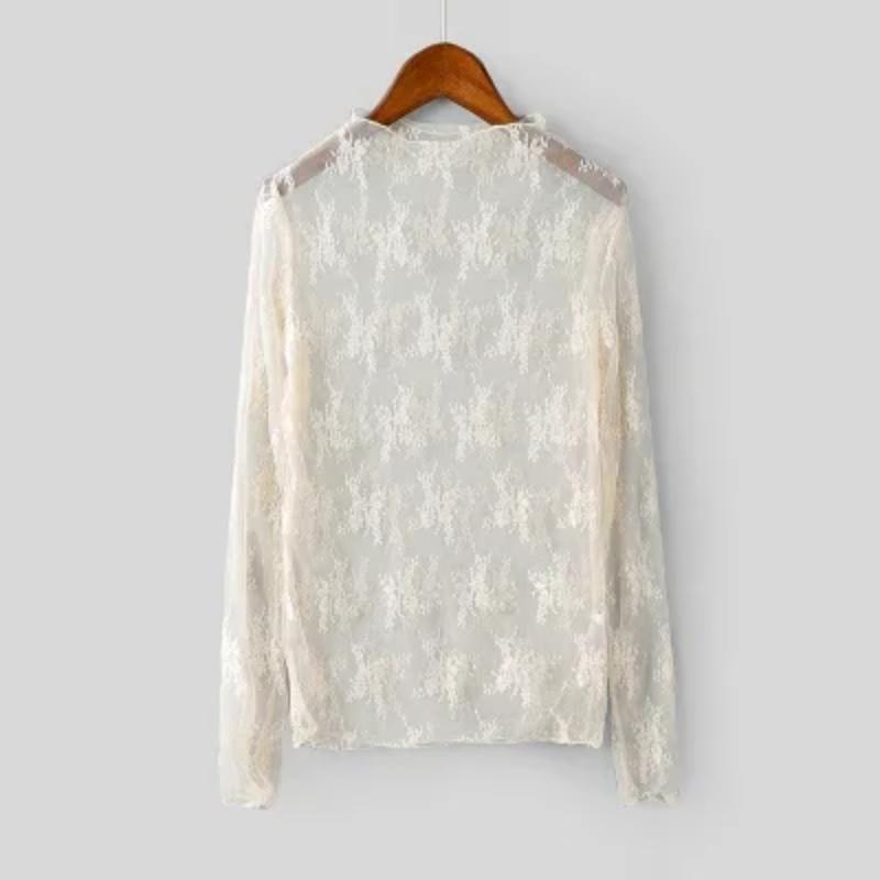 

Літні жіночі мереживні блузки з квітковою вишивкою Сорочка Жіночі топи Сексуальні сітчасті блузки Прозора елегантна прозора чорна сорочка one size бежевий