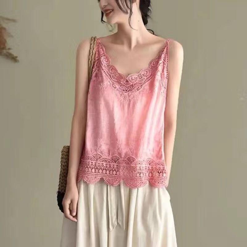 Sommer Retro Baumwolle und Leinen Camisole Künstlerisch Schlicht Dünn Vielseitiges Basic-Shirt Waldspitze Weste für Damen
