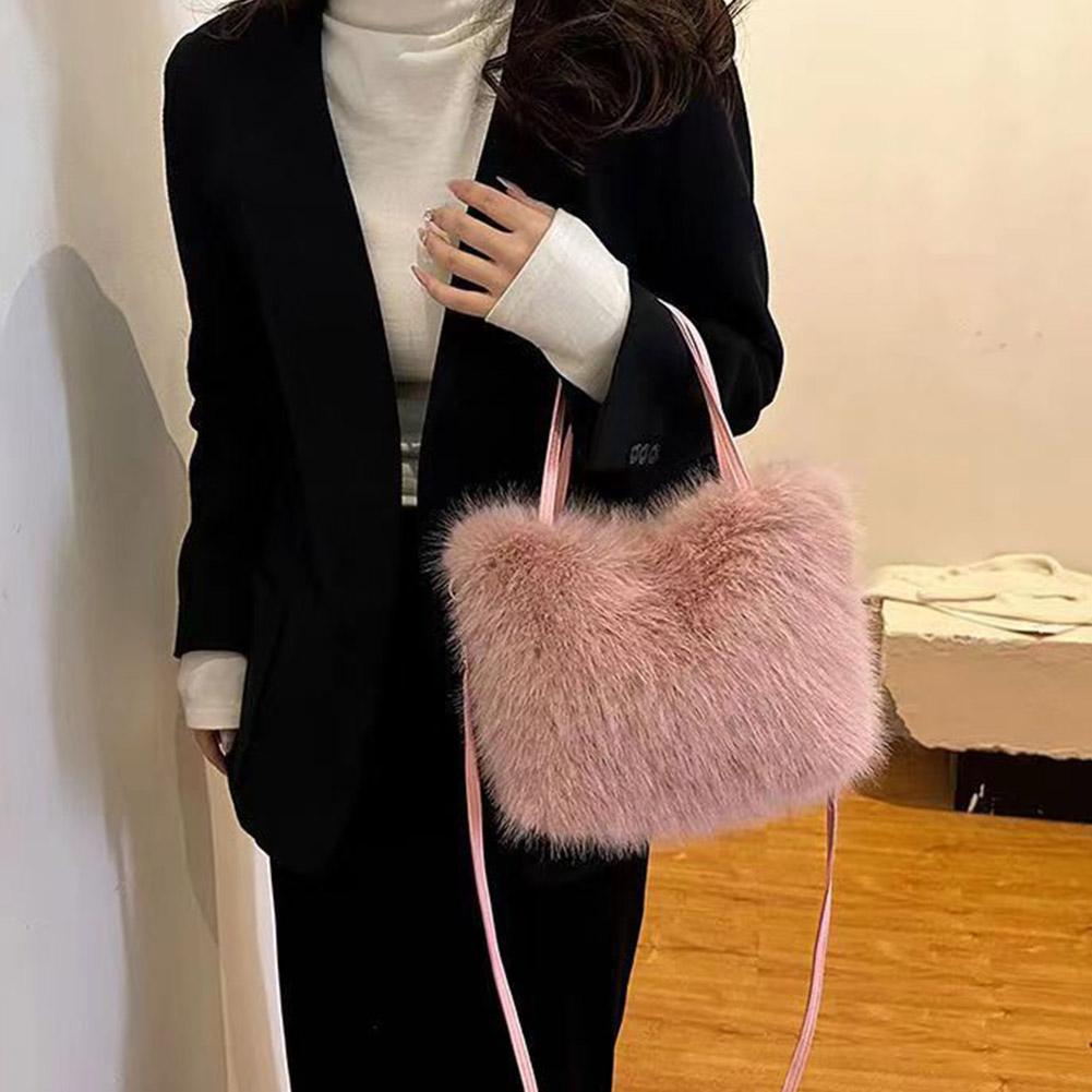 Women Winter Faux Fur Bucket Bag Plush Luxury Soft Crossbody Shoulder Handbag