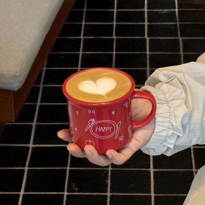 Homemade, New Year'S Red Flip Ceramic Cartoon, Eat Well, Water Cup Coffee Cup Gift