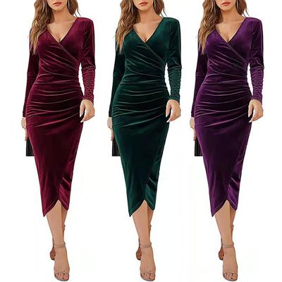 Women Long Dress Sexy V Hip Wrap Neck Slim Waist Vintage Solid Color Long Sleeves Ladies Party