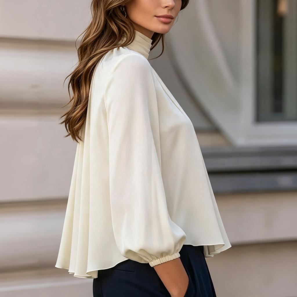Blouse Plissée à Col Cache-cœur pour Femme avec Manches, Haut à Manches Longues Coupe Ample