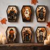 Halloweenská nástěnná dekorace ve venkovském stylu s motivem sovy a ducha, s dřevěným rámem a atmosférickým závěsným ornamentem