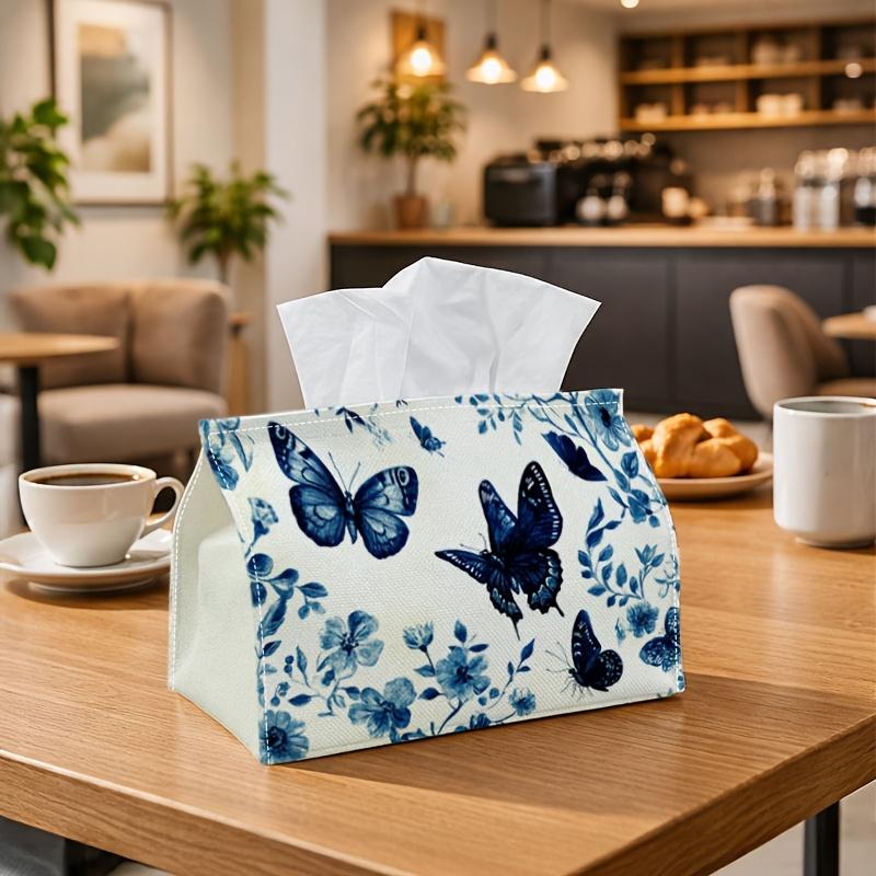 1pc Party Tissue Box,Blue & White Floral Butterfly,Multifunctional Tissue Holder,Botanical Pattern Simple,Outdoor Party Supplies, Everyday Desktop Tis