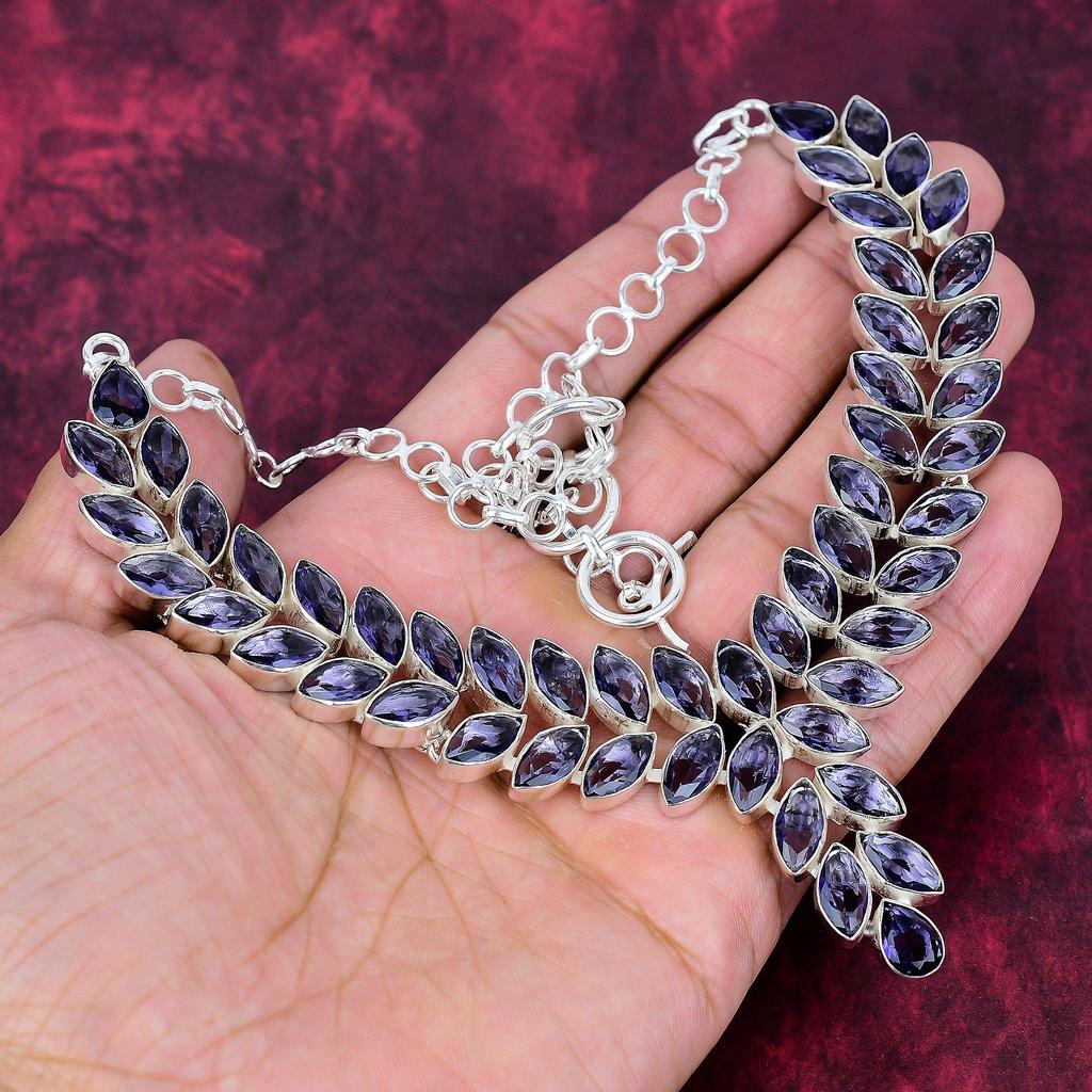 Iolite Handmade Gemstone Necklace, 925 Solid Sterling Silver Necklace Antique Jewelry, For Engagement Gift
