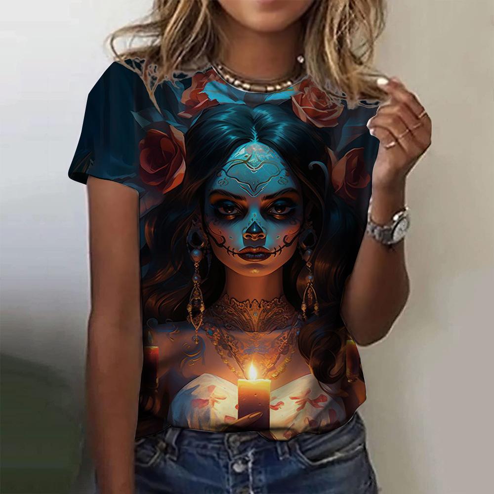 Summer Round Neck 3D Skull Print Top Fashionable Casual Short Sleeved Women's T-shirts